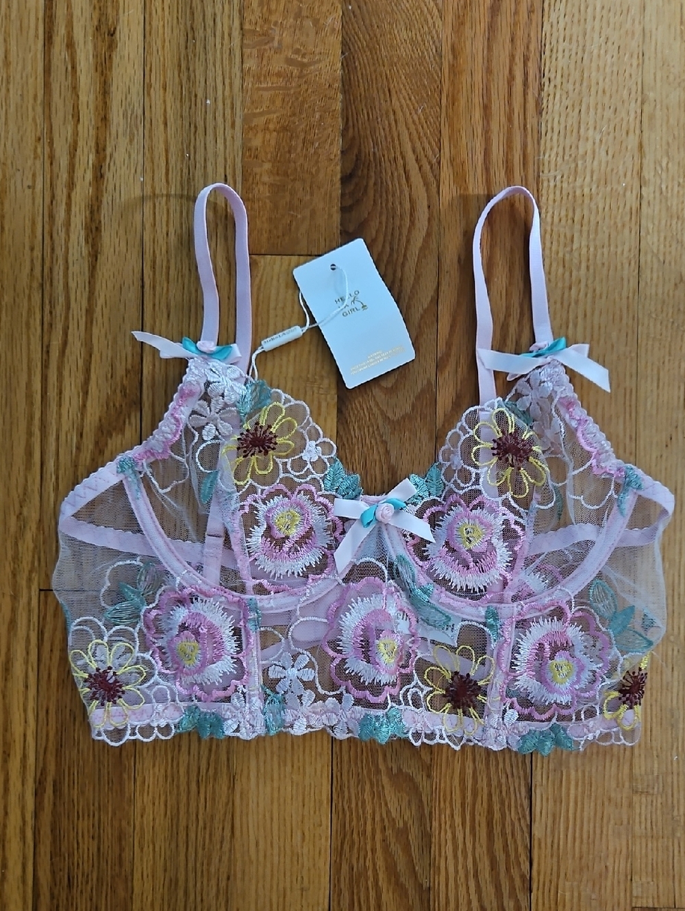 NWT Hello LA Girl Pink Floral Embroidered Sheer Bralette- SIZE M